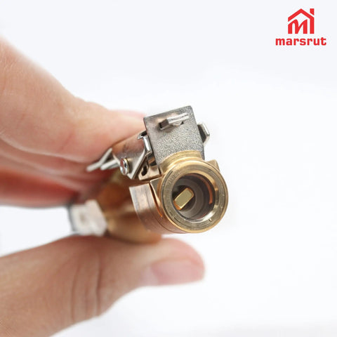 Close-up of Fast Grip Self Locking Chuck from No Sweat Quarter Inch Tire Inflator Extension Hose, showing durable brass construction.