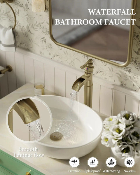 Brass Construction Black And Gold Vessel Sink Faucet With Tall High Arc Body, Single Hole Waterfall Spout, in modern bathroom.