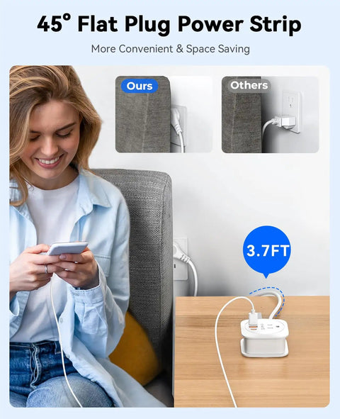 Road Trip Ready Compact Portable Power Strip Featuring Ridiculously Sleek Wrap Around Build And Plug Play 20W Pd Fast Charging Usb Ports with flat plug design.