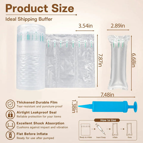 Product image showing dimensions of Heavy Duty Air Pillows For Shipping And Moving, 200 Pack Void Fillers With Hand Pump, including features.