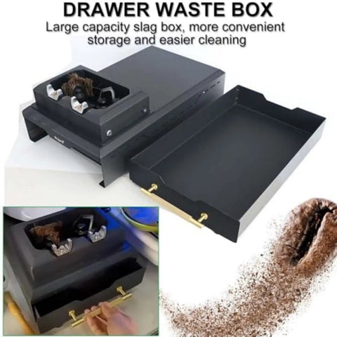 Slick Electric Coffee Puck Knock Box For Zero Hassle Espresso Cleanup Featuring Detachable Grounds Container and Spare Brush Heads Sturdy Portafilter Cleaner For Busy Baristas with large drawer waste box.