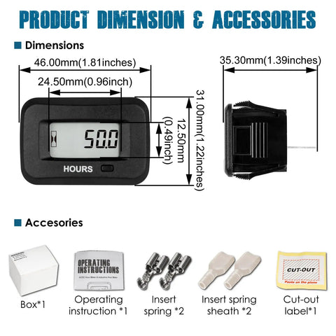 Digital Maintenance Hour Meter For Gear And Mowers AC DC 5V To 277V RL HM038AG H front view, 46x31mm display, with accessories
