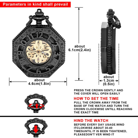 Vintage Hand Winding Mechanical Pocket Watch For Men With Chain And Gift Box, Black Finish, Arabic Numeral Dial