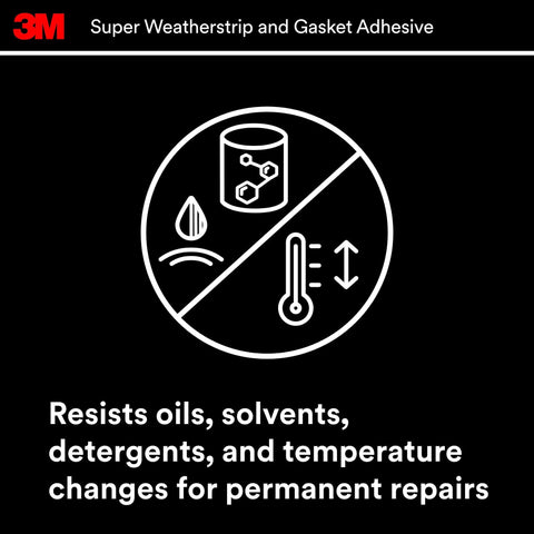 Illustration highlighting resistance to oils, solvents, and temperature changes on Black Weatherstrip And Gasket Adhesive.
