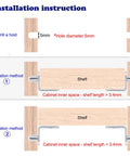 Installation instructions for 5mm Shelf Support Pegs 50 Pack With Hole L Shaped Nickel Plated Pins, showing drill hole size and placement methods.
