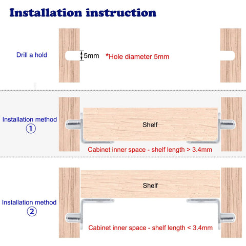Installation instructions for 5mm Shelf Support Pegs 50 Pack With Hole L Shaped Nickel Plated Pins, showing drill hole size and placement methods.