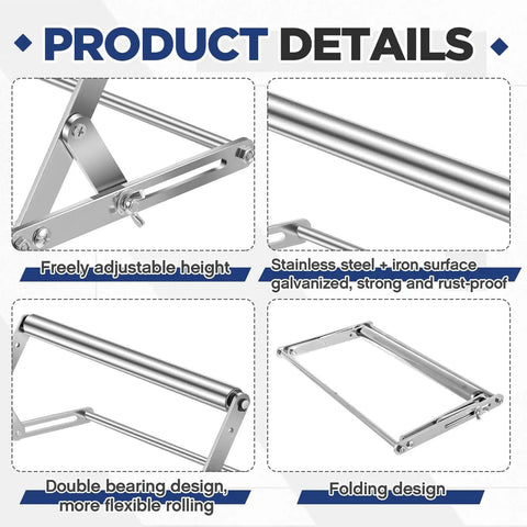 Two Large Adjustable Miter Saw Roller Stands Set With Dual Bearing System For Heavy Duty Smooth Sliding And Precise Cuts Height Adjustable From 0.98 To 5.71 Inches Table Saw Stand For Cutting Machines, showing stainless steel construction and double bearing design.