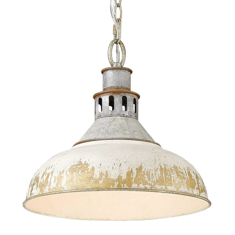 Kinsley Pendant Light in aged galvanized steel with rustic finish for farmhouse kitchen island and vintage-inspired decor.