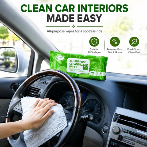 Person using All Purpose Cleaning Wipes 70 Count Extra Large 8 By 10 Inches Heavy Duty Wipes for car interior cleaning.