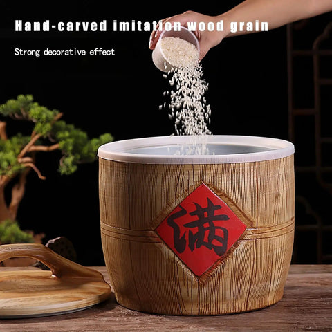 Real Deal Large Ceramic Rice Jar With Secure Airtight Lids Kickin Pantry Organization Game Big Enough For Cereals Grains Coffee Beans Pet Food Flour Sugar And Snack Stashes All Hand Painted High Fired Stoneware with imitation wood grain design and rice being added.