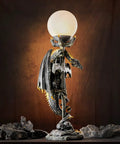Gothic Dragon Sword Statue Table Lamp With Glowing Orb, Medieval Mythic Guardian Resin Decor For Home Or Bedroom, Halloween Vibe Lighting Gift, Epic Fantasy Lamp Ornament on rocky base.