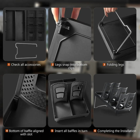 Step-by-step assembly guide for Three Slot Upright Paper Cup And Lid Dispenser for coffee stations, black, foldable steel stand.