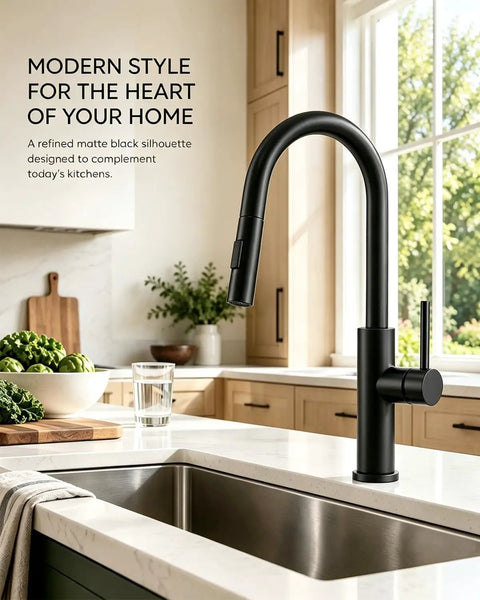Black Kitchen Faucets with Pull Down Sprayer Kitchen Sink Faucet with Pull Out Sprayer Single Hole Deck Mount Single Handle Stainless Steel Grifos De Cocina 866026R in modern kitchen with high arc design.