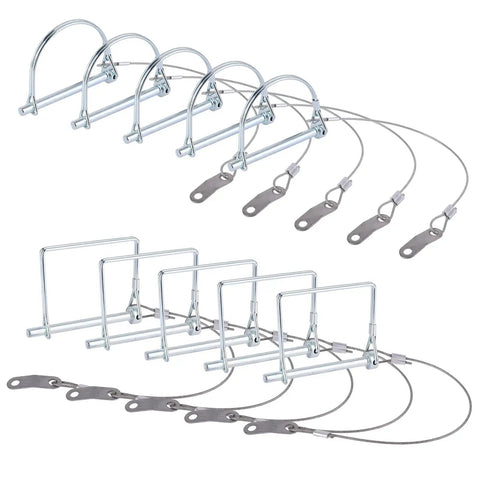 Set of 10-Piece Trailer Hitch Coupler Pins with Quick Release Ring, showing 5 square and 5 arch pins for lawn equipment and towing.