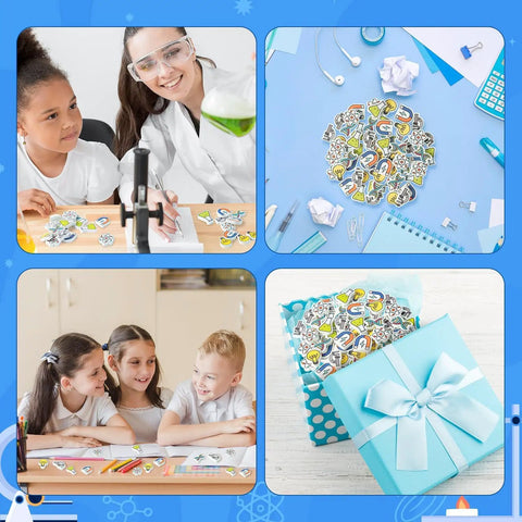 Cool Science Themed Erasers Set For Kids 60 Pack Back To School Gift shown with excited students and colorful erasers