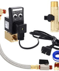 110V Auto Timed Drain Valve Kit For Air Compressors With Braided Steel Hose Half Inch NPT Brass Elbow Fitting, tape, and plug
