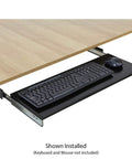Under desk keyboard tray with slide out mouse pad shelf, solid steel frame, matte black finish, installed view.