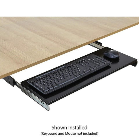 Under desk keyboard tray with slide out mouse pad shelf, solid steel frame, matte black finish, installed view.