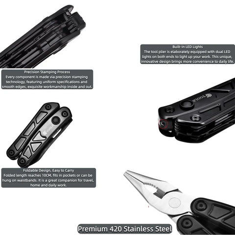 All In One Pliers And 12 In 1 Multitool With Dual LED Lights stainless steel design closeup with folded tools and pliers detail