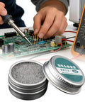 Soldering Iron Tip Tinner Oxidation Removal Cleaner for electronics repair shown next to open tin and circuit board repair scene.
