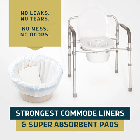 Premium Quality No Sweat Commode Liners Ultra Absorbent Jasmine Scent Bags Easy Tie Off Disposables in use with bedside commode