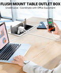 Pop Up Power Strip With PD 30W USB Ports for Table Conference Room and Countertop Use shown with charging devices