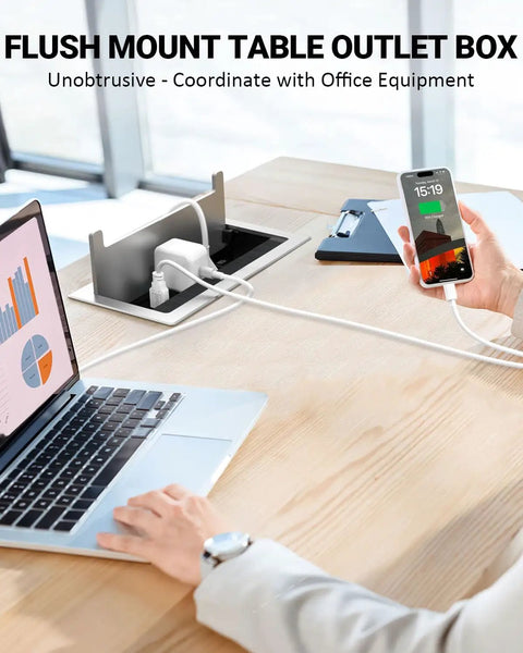 Pop Up Power Strip With PD 30W USB Ports for Table Conference Room and Countertop Use shown with charging devices