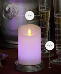 Flameless Color Changing LED Candle Pillar 3 By 4.5 Inches With Real Wax Moving Flame in a dimly lit home decor setting.