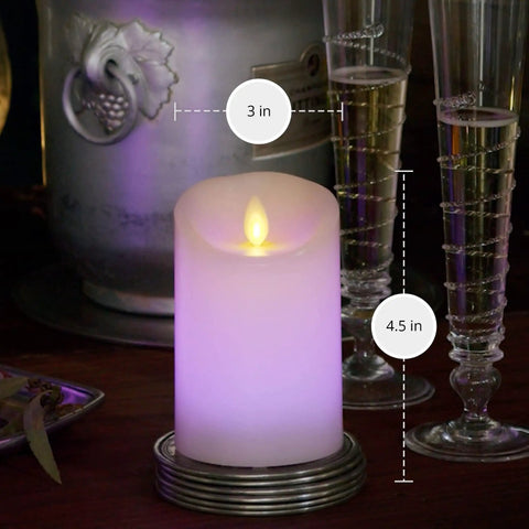 Flameless Color Changing LED Candle Pillar 3 By 4.5 Inches With Real Wax Moving Flame in a dimly lit home decor setting.