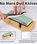 Person using Pro Knife Sharpening Stone Kit With Dual-Sided Whetstones 400/1000 And 3000/8000 on knife with bamboo base.