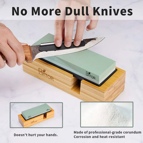 Person using Pro Knife Sharpening Stone Kit With Dual-Sided Whetstones 400/1000 And 3000/8000 on knife with bamboo base.