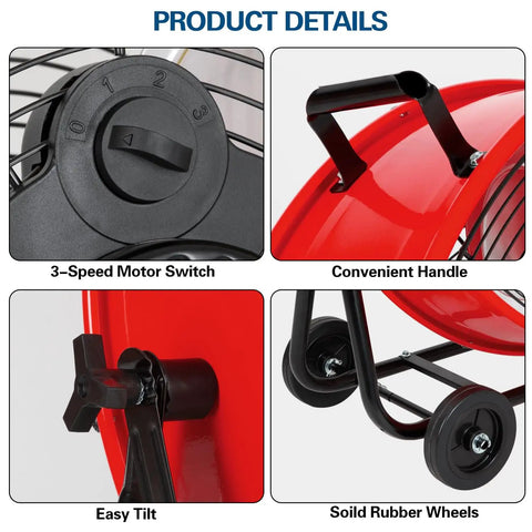 Powerful 24-Inch Drum Fan with three speed motor switch, convenient handle, easy tilt mechanism, and solid rubber wheels