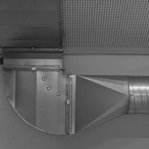 Duct Clamp 6 Inch V Shape 304 Stainless Steel Pipe Clamp For Ventilation Ducting Dust Collection And Chimney Pipe 150mm Inner Diameter Built To Last Heavy Duty HVAC Clamp installed on metal ducting system in building ceiling
