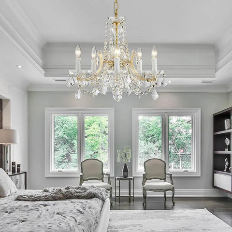 Glam Crystal Chandelier In Gold Finish With 5 Lights, Maria Theresa Style K9 Crystals, 20 Inch Diameter, in elegant bedroom