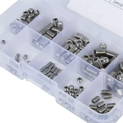 Stainless Steel Socket Head Hex Set Screw Kit Cup Point Metric M3 Through M8 400 Piece Assortment visible in storage box