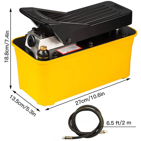 Air Hydraulic Foot Pump For Bead Breaker, 10,000 PSI Heavy Duty Auto Shop Tool with yellow reservoir and included hose.