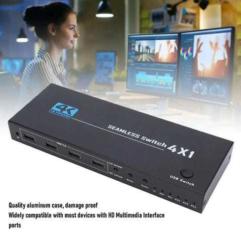 Boss Level 8K 60Hz KVM Switch For PC Laptop And Gaming Console Monitor 4 Port USB HDMI with seamless design and aluminum casing.