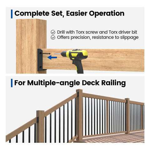 All In One Deck Railing Brackets Kit For 2x4 Wood Posts 1.5 In By 3.5 In Rails Includes 20 Brackets And 124 Screws Handrail Fence Cable Railing Stairs WT11 installed on wood post showing drill use