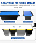 Diagram of Heavy Duty 7 Pack Overhead Garage Storage Rack showing T-shaped rail for adjustable bin connections.