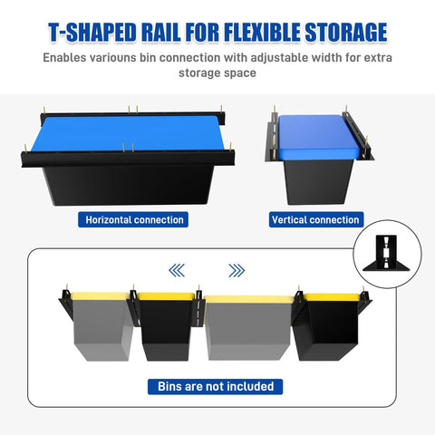 Diagram of Heavy Duty 7 Pack Overhead Garage Storage Rack showing T-shaped rail for adjustable bin connections.