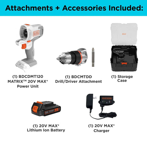 Matrix 20V Max Drill Kit With Adjustable Clutch And Variable Speed Trigger components: power unit, drill attachment, battery, charger, case.