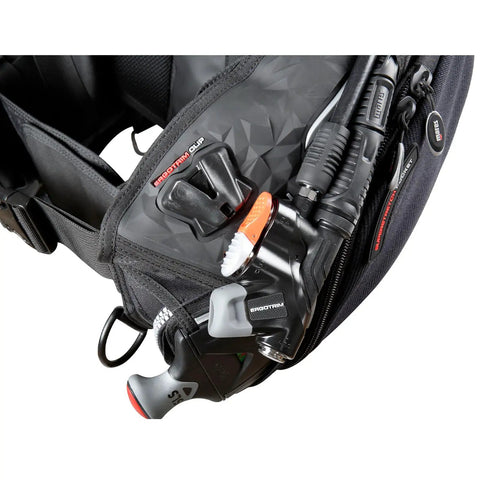 Close-up of Guardian ErgoTrim Scuba BCD With SLS Weight System showing Ergo Command dual inflator and control system.