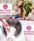 Family with kids and washing machine, showcasing Matte White Sublimation HTV For Dark And Light Cotton Fabrics 12 Inch By 10 Feet Iron On Vinyl For Cotton Tees Works With Sublimation Paper And Printers