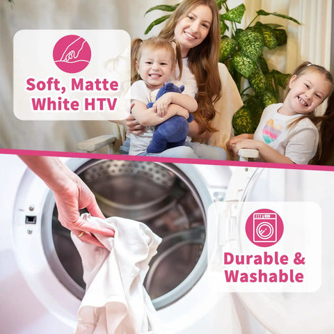 Family with kids and washing machine, showcasing Matte White Sublimation HTV For Dark And Light Cotton Fabrics 12 Inch By 10 Feet Iron On Vinyl For Cotton Tees Works With Sublimation Paper And Printers