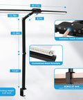 Double Head LED Desk Lamp For Home Office With Auto Dimming And Timer, height dimensions, touch control, and clamp mount shown