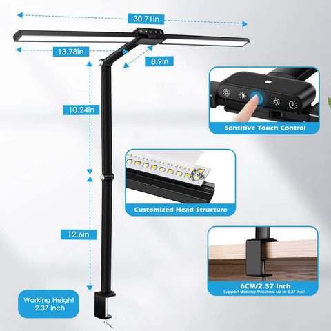 Double Head LED Desk Lamp For Home Office With Auto Dimming And Timer, height dimensions, touch control, and clamp mount shown