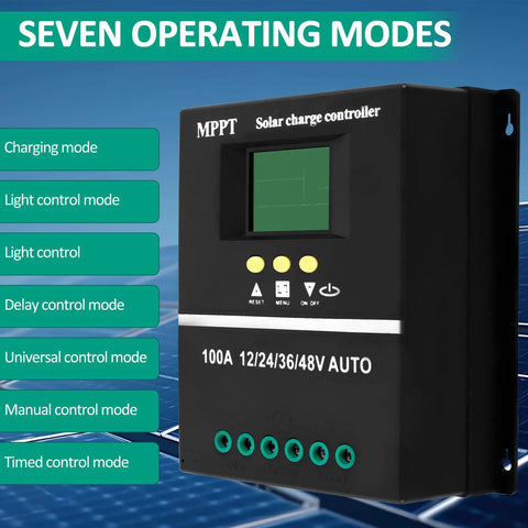 100A MPPT Solar Charge Controller with LCD display showing seven operating modes, including charging and light control modes.