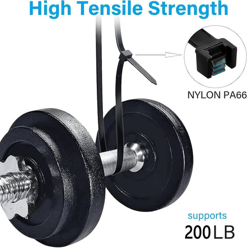 Beefy 24 Inch Cable Ties Pack Of 50 With 200 Lbs Tensile Strength lifting weight, demonstrating strength and nylon material