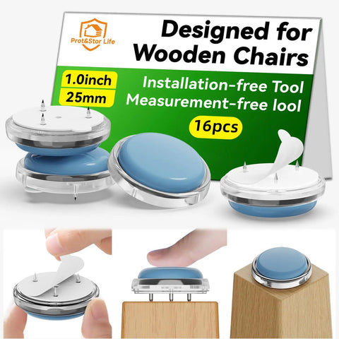 Chair Leg Floor Protectors For Wooden Chairs, Nail On Sliders That Stay Put, 16 Pack, shown from side and top views.