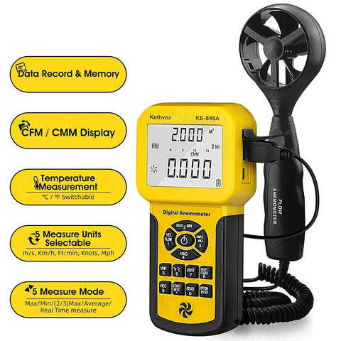 HVAC Anemometer And Digital Airflow Tester with Backlit Display, measuring wind speed, air velocity, and CFM volume, model KE 846A.